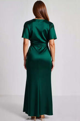 Dark Green Prom Dress Satin Short Sleeves V Neck Sheath Long Formal Dress